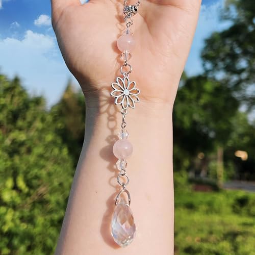 Pyotivol Car Rear View Mirror Accessories Pink Quartz Car Hanging Ornament, Dasiy Rearview Decor Charm Rose Quartz Crystal Handmade Beaded Crystal Swinging Interior Decor for Women Men