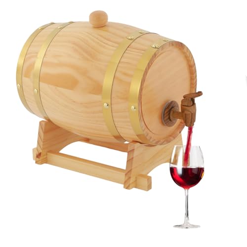 Barril de madera de pino de 3 litros con soporte y grifo, barril de madera para almacenamiento de vino y maduración de whisky, ideal para los amantes del vino y para fermentación casera, incluye