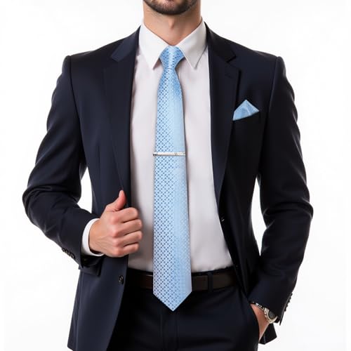 Image of DiBanGu Mens Silk Plaid Tie and Pocket Square Set | Elegant Silk Formal Tie Set, Woven Check Necktie and Cufflinks Tie Clip Set, Perfect for Wedding Party, Comes in Gift Box