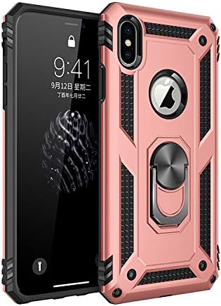 Korecase Compatible with iPhone X iPhone Xs Case Extreme Protection Military Armor Dual Layer Protective Cover with 360 Degree Swivel Ring Kickstand Rose Gold