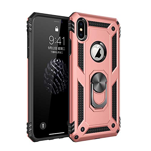 Korecase Compatible with iPhone X iPhone Xs Case Extreme Protection Military Armor Dual Layer Protective Cover with 360 Degree Swivel Ring Kickstand Rose Gold