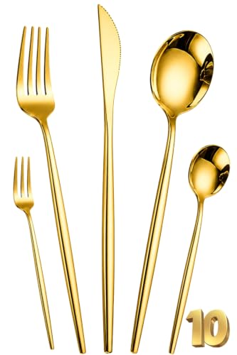 Image of Slim Handle Gold 10 Pcs Stainless Steel Cutlery Set for Dining Table, Dishwasher Safe Glossy Flatware (2 Spoon Set+2 Forks Set+2 Butter Knife+2 Dessert Spoon+ 2 Fruit Fork)