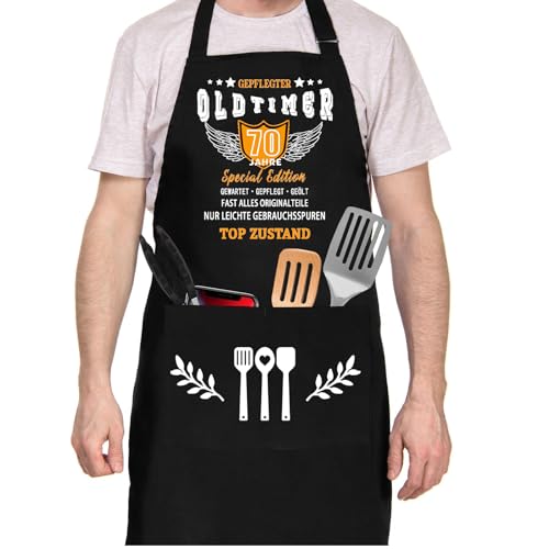 Geschenke zum 70. Geburtstag Mann, Grillschürze für Männer lustig, Kochschürze als Geschenk zum 70. Geburtstag, Küchenschürze Baumwolle Schürze Schwarz, Männer Geschenkideen Geburtstag, Grillparty