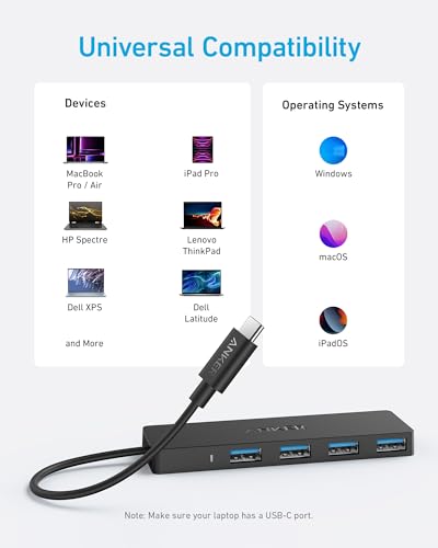 Image of Anker 4-Port USB 3.0 Hub with 5Gbps Data Transfer, Ultra-Slim USB-C Connector Hub, for MacBook, iMac, Surface, Mobile HDD, and More (2 ft USB-C Connector, Charging Not Supported) (Pack of 2)