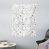 ABAKUHAUS Geld Wandteppich, Monochromes Muster mit Euro Dollar Yen Münzen Sparschwein Stock Graphs Doodle, aus Weiches Mikrofaser Stoff Wand Dekoration Für Schlafzimmer, 110 x 150 cm, Schwarz Weiß