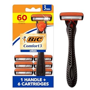 BIC Comfort 3 Refillable Three-Blade Razor for Men, Sensitive Skin Razor For a Comfortable Shave, 1 Handle and 6 Cartridges, 7 Piece Razor Set
