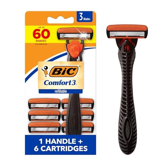 BIC Comfort 3 Refillable Three-Blade Disposable Razor for Men, Sensitive Skin Razor For a Comfortable Shave, 1 Handle and 6 Cartridges, 7 Piece Razor Set