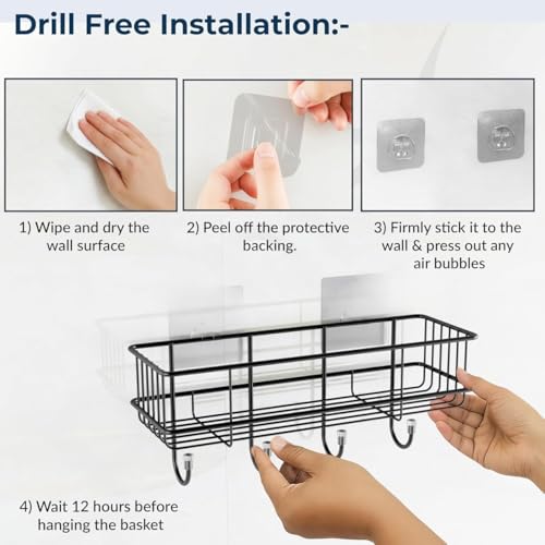 Image of Kundi Bathroom Organizer Without Drill | GI Steel Self Adhesive Bathroom Shelf for Wall | Rustproof Wall Mounted Bathroom Stand for Shampoo, Soap & Accessories