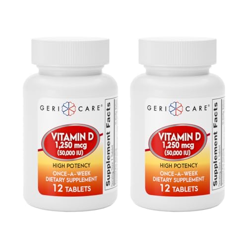 GeriCare Vitamin D 1 250mcg (50 000 IU) High Potency Supports Bone Density Muscle Health Immune Function and Calcium Absorption Once-A-Week Dietary Supplement 12 Count (Pack of 2)