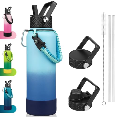 Image of BJPKPK 40oz Insulated Water Bottle with 3 Lids, Straw Lid & Handle