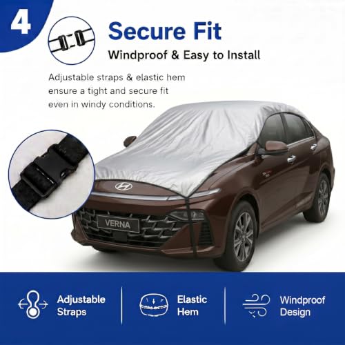 Image of Pivalo Half Car Body Cover for Sedan Cars (All Models & Years) | 100% Waterproof Outdoor UV & Heat All Weather Protection | Triple Stitched 3 Layer with Adjustable Straps Cover (Reflective Silver)