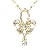 EUSJ Fleur-De-Lis Charm Pendant Necklace with White Zirconia Yellow Gold Plated Sterling Silver Chain with Gem Round Accent Dainty Hollow out Design Birthday and Valentine’s Day Gifts 18''+2''inch