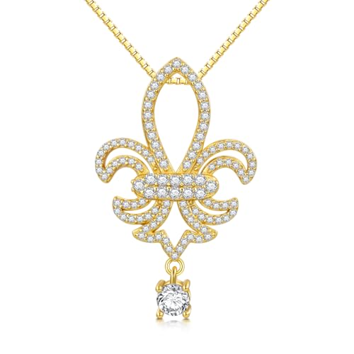 EUSJ Fleur-De-Lis Charm Pendant Necklace with White Zirconia Yellow Gold Plated Sterling Silver Chain with Gem Round Accent Dainty Hollow out Design Birthday and Valentine’s Day Gifts 18''+2''inch