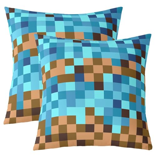 Manfei Funda de almohada de doble cara con diseño de bloques pixelados, para decoración de habitación de niños y niñas, funda de cojín moderna a cuadros para cama, sofá, 2 unidades de 24 x 24 pulgadas