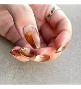 French Tips Press on Nails Medium Length Fall Brown Marble Gradient Design Fake Nails Gold Glitte...