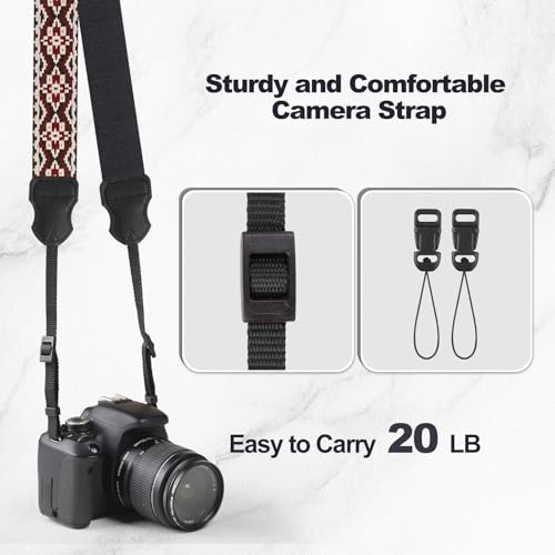 Image of Universal Camera Strap - Camera Neck Strap, Adjustable Shoulder Straps Compatible with Canon, Fujifilm, Nikon, Olympus, Panasonic and other SLR and mirrorless cameras - Red and Black Geo