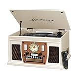 Victrola it.Innovative Technology Nostalgic Aviator Wood 8-in-1 Bluetooth Turntable Entertainment Center, White (Renewed)