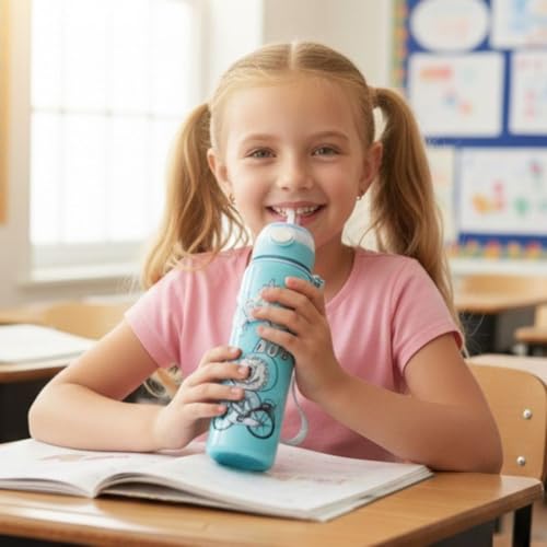Image of Cartoon Printed Plastic Water Bottle for Kids Leak Proof Flip Cap Sipper Bottle with Strap School Drinking Bottle for Boys Girls Travel Office Use 900 ML (Green)
