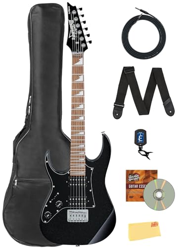 Ibanez GRGM21L RG Gio miKro ショートスケールエレキギター、左利き用 - ギグバッグ、チューナー、ストラップ、楽器ケーブル、Austin Bazaar教則DVD、研磨クロス付きブラックナイトバンドル