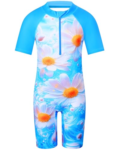 Image of TFJH E Short Sleeve Girls Swimsuits UV 50+ One Pieces Zipper 2-14Y | From beach vacations and pool parties to cruises and water parks, this colorful floral swimsuit is her summer favorite