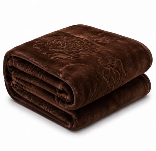 Image of BSB HOME 280 GSM Micromink Blanket, Premium Soft Warm Cozy Winter Blanket, Plush Double Bed Blanket, Ultra Soft Comfortable Bedding, Embossed Floral Design, 82 x 86 Inches (208 x 218 cm) - Espresso