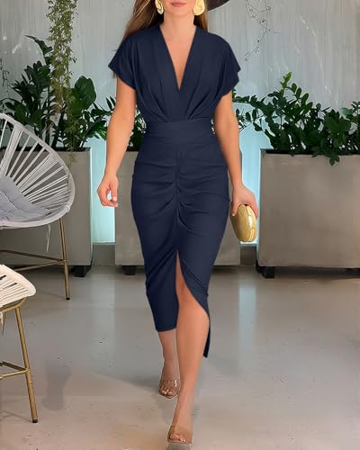 Image of CHICME Summer Dresses for Women Floral Print Plunge V Neck Midi Dress Casual Ruched Slit Bodycon Party Dress