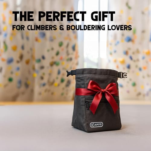 APE13® Chalkbag Bouldern in 3 Farben – Robuster Magnesiabeutel mit Rolltop & Magnetverschluss – Chalk Bag groß mit Bürstenhalter & Reißverschlusstaschen – Kletter & Boulder Zubehör (Classic Black)