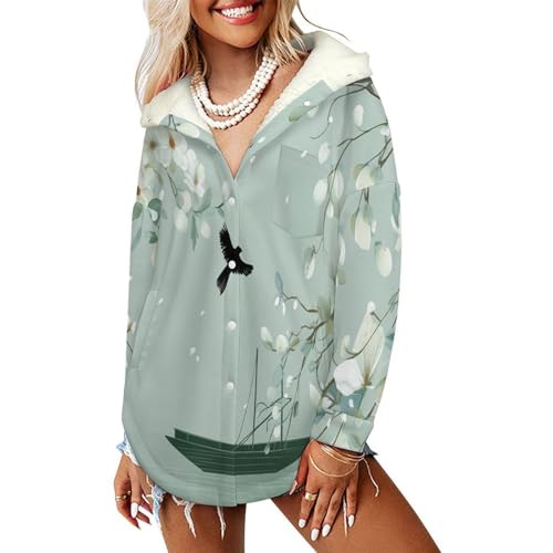 Veste polaire femme style oriental vert clair à capuche sherpa