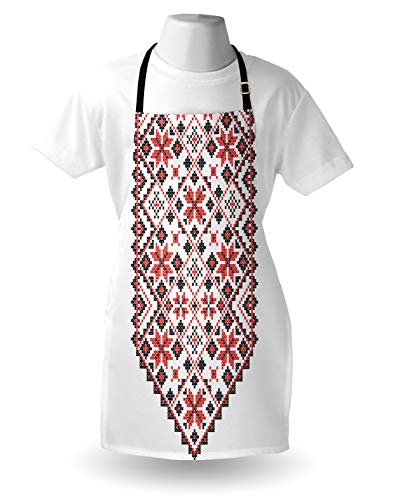 Lunarable Ethnic Apron, Ukrainian Style Floral Ornamental Nostalgic Vintage Pattern Artisan Design, Unisex Kitchen Bib With Adjustable Neck For Cooking Gardening, Adult Size, Coral Brown #TOP2
