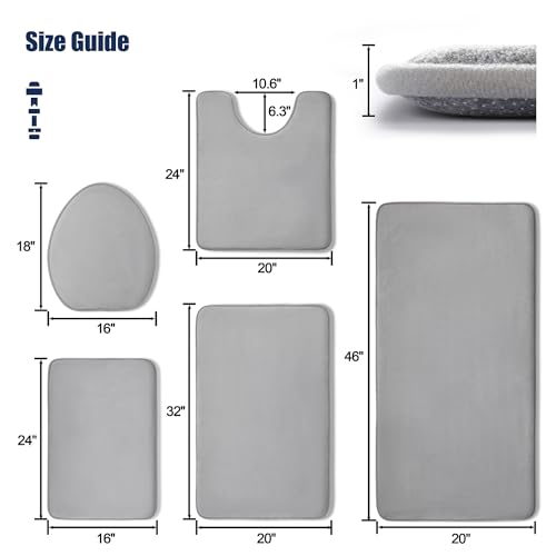Image of YIHOUSE Memory Foam Bath Mat Set, Super Absorbent & Non-Slip Bath Mats - Dry Quickly, Washable - Light Grey