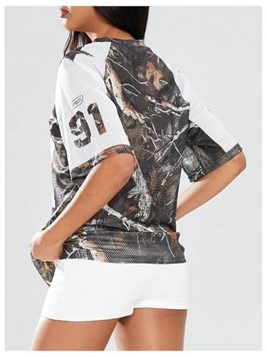 Verdusa Women's Oversized V Neck Jersey Shirt Camo Leaf Print Graphic T Shirt2