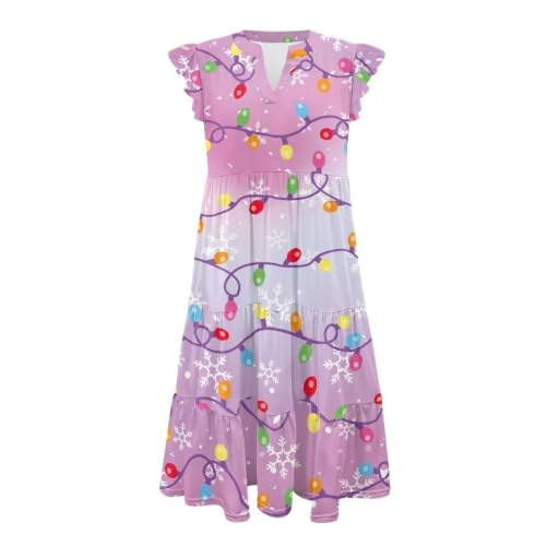 Image of Women's Casual Ruffle Sleeve Dress V Neck Pullover Dress Flowy A-Line Pleated Lightweight Dress with Pockets