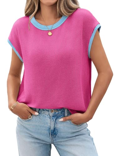 Tankaneo Womens Summer Color Block T-Shirts Cap Sleeve Textured Ribbed Knit Tees Casual Ringer Crew Neck Loose Fit Tops