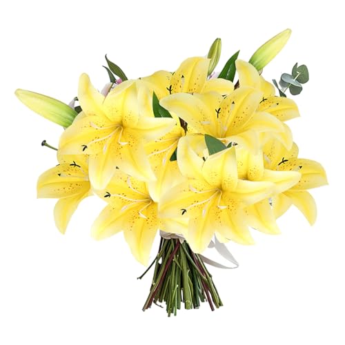 Künstliche Lilien, kurzer Stiel, künstliche Blumen mit 12 blühenden Blütenköpfen und 5 Knospen für Zuhause, Hochzeit, Büro, Party, Festival, Dekoration, Gelb, 5 Stück