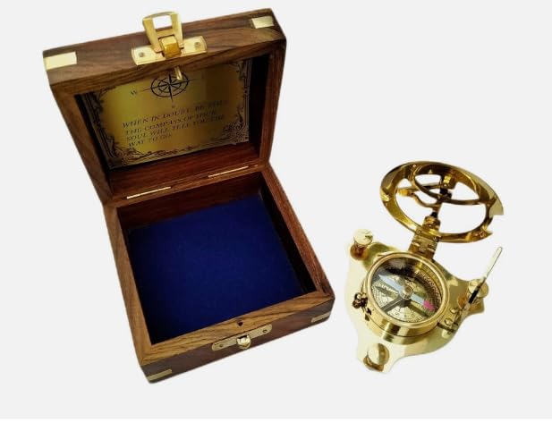 Brújula de reloj de sol de latón con caja de madera – Regalo náutico coleccionable miniatura 1