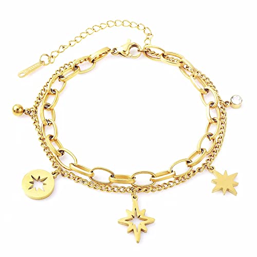DASIQI Layered Bracelet for Women Girls Octagonal Stars Bezel-Set CZ Adjustable Chains (Gold, Stainless Steel)