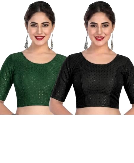 Women's Saree Blouse Combo Pack of 2 Green and Black-picture-48