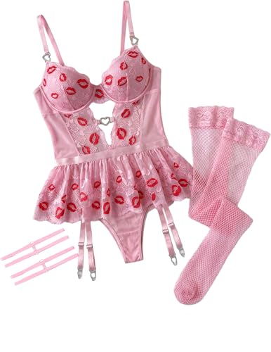 Image of Alrovetoney Women Lingerie Set Naughty Lace Bodysuit High Waisted Underwire Lingerie Babydoll With Garter Belt and Stockings