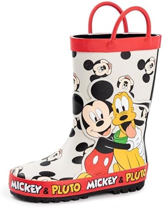 Disney Mickey Mouse Boys Wellington Boots | Kids Handle Wellys with Mickey and Pluto Character Print in Beige