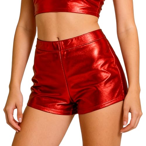 Wildarms Shorts Mujer Metalizados, Pantalones Cortos Cintura Alta Tipo Cuero sintético elástico; Hot Pants Brillo Vinilo (FR/ES, Letras, S, Regular, Regular, Rojo)