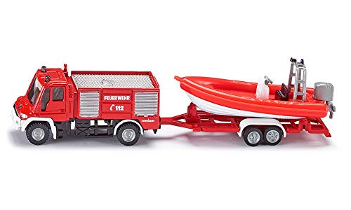siku 1636, Feuerwehr Unimog mit Boot, Metall/Kunststoff, Rot, Schwimmfähiges Boot