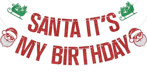 Red Glitter Santa It's My Birthday Banner, Merry Birthday Christmas Xmas Santa Decor, Christmas Holiday Party Decorations Supplies