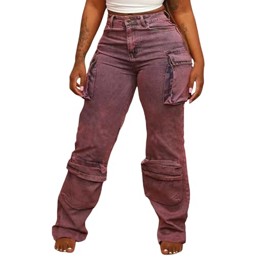 Pantalon cargo denim patchwork droit taille haute avec motif tie-dye tendance