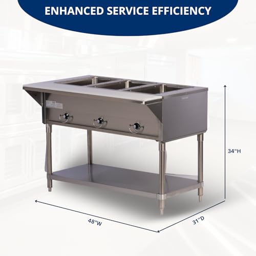 fse 373-est-3sw stainless steel electric steam table with 3 wells 30-58 x 48 x 34-38 poly cutting board and stainless steel undershelf