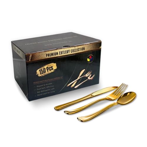 150 Pieces Gold Plastic Heavy Duty Disposable Cutlery Set - 50 Spoons 50 Forks 50 Knives box pack for Wedding Birthday Ramadan Eid Anniversary Dinner Party