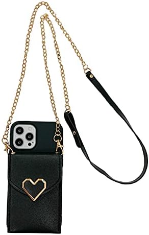 CrossBody Wallet Case Compatible with Samsung Galaxy A32 5G Case Leather Purse Flip Card Pouch Cover Soft Silicone Cover with Gold Long Shoulder Strap Cute Shockproof Love Shell(Black)