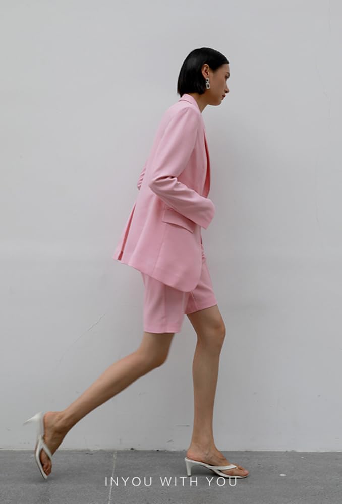 Women's Peak Lapel Suit Two Pieces Set Daily Beach Jacket and Short Pants