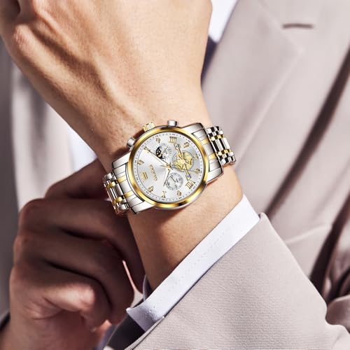 Image of OLEVS Men Watches Stainless Steel Chronograph Watch, Large Wrist Analog Quartz Watch, Fashion Waterproof Diamond Roman Numerals Dress Watches for Men, Gold /Black /White /Blue /Grey Dial