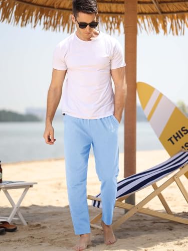 MorwenVeo Men's Linen Pants Casual Drawstring Yoga Beach Trousers Lightweight Loose Fit Elastic Waist Summer Pant Blue - Thumbnail 3