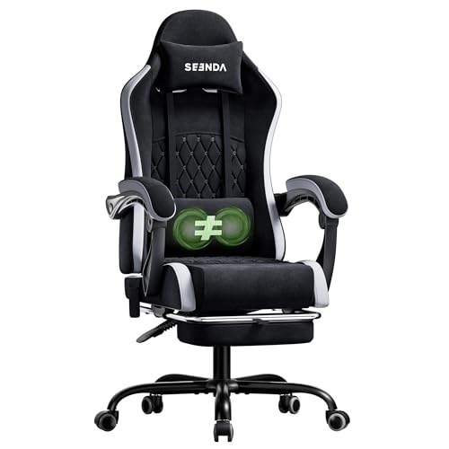 seenda Fabric Gaming Chair with Footrest, Ergonomic Computer Chairs with Reclining Backrest, Massage Lumbar Support and Adjustable Height for Teenages Adults up to 275lbs/125kg, Home and Office, Black
